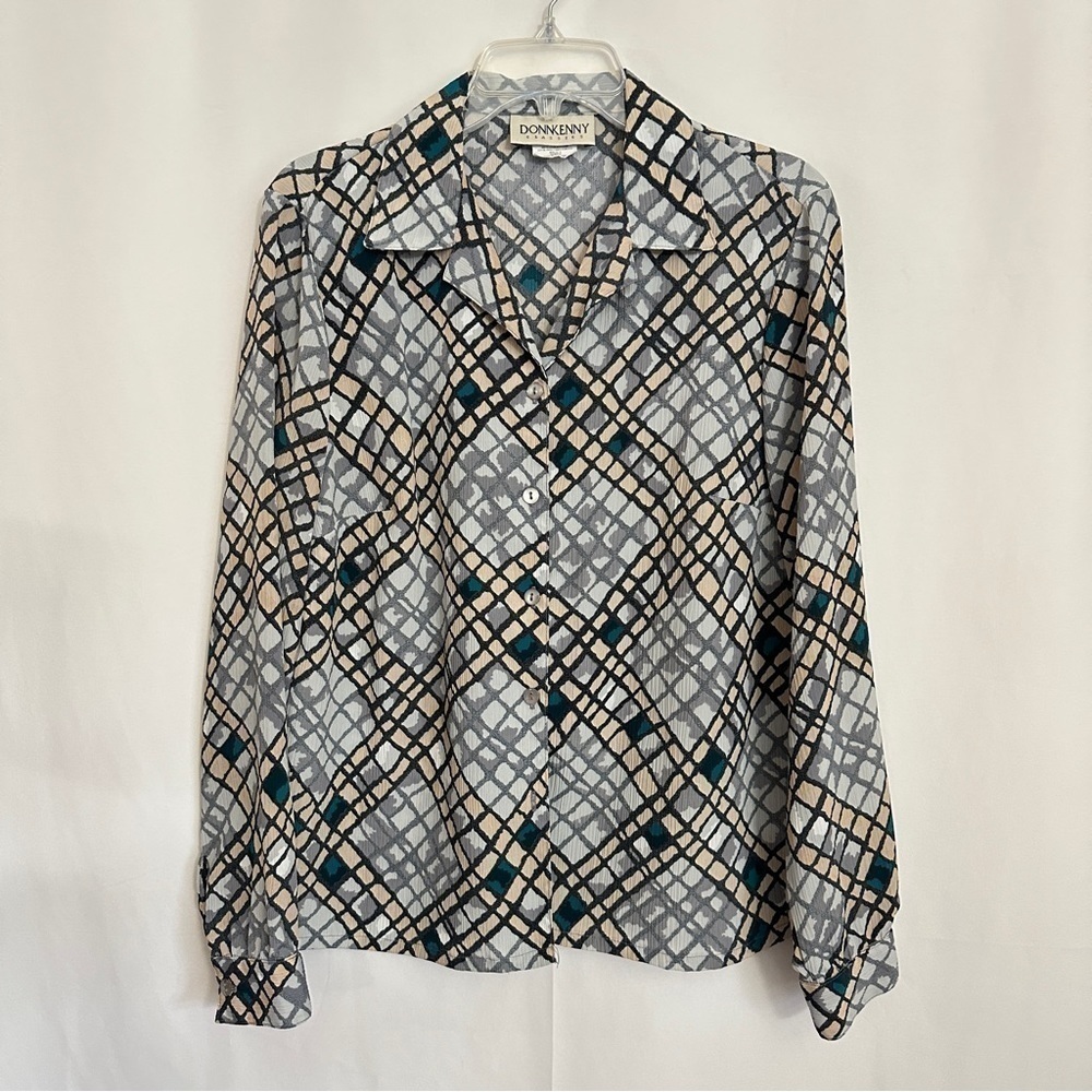 Vintage 90s DonnKenny Women's Diamond Abstract Print Shirt in Grey sz M